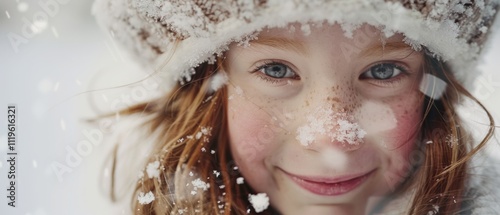 A young girl beams amid falling snowflakes, her rosy cheeks and wide smile capturing the pure joy of a winter wonderland moment. photo