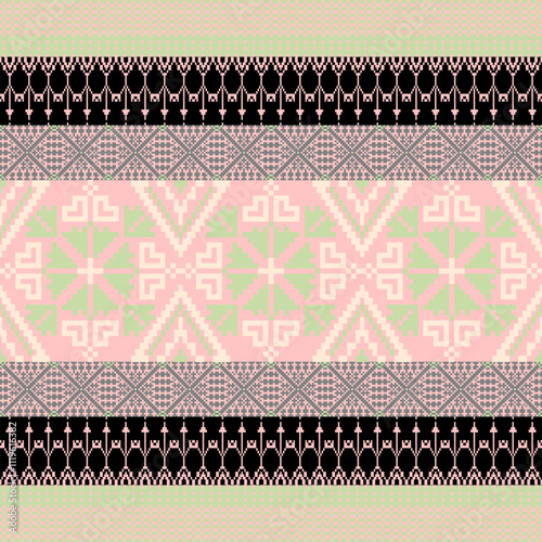 Art Abstract with Pixel Art Designs. Traditional Cross Stitch needlework. Geometric Ethnic Pattern, Embroidery, Textile Ornamental, Fabric, Hand Stitch Pattern, Cultural Stitching Pixel Art