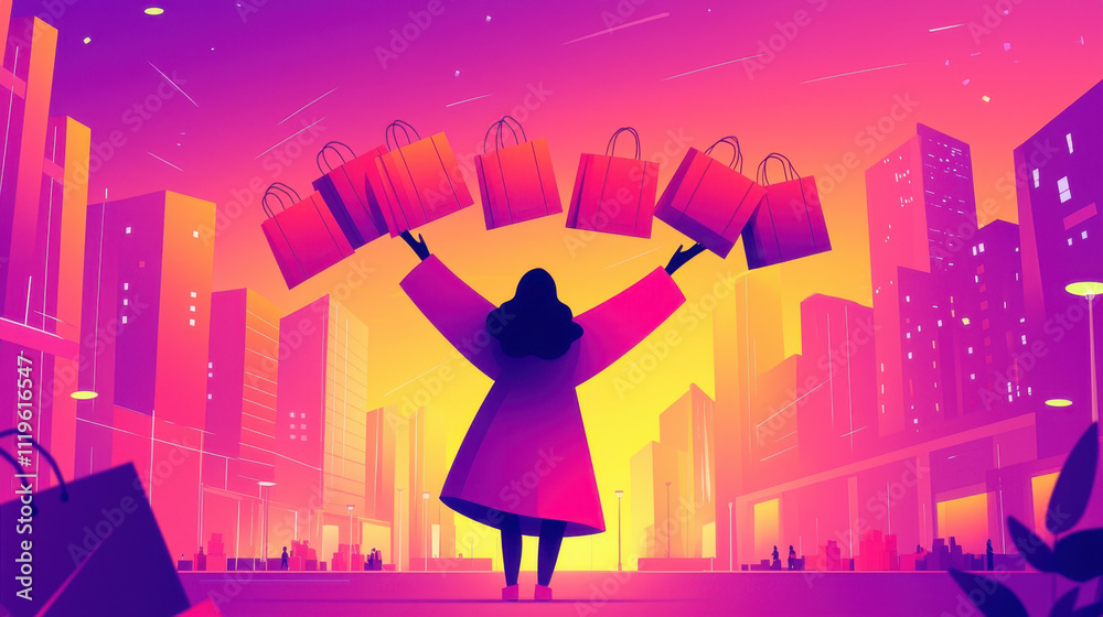 Overconsumption, A silhouetted figure joyfully holds shopping bags against a vibrant city skyline at dusk, embodying the excitement of shopping. Overconsumption, A silhouetted figure joyfully holds shopping bags against a vibrant city skyline at dusk, embodying the excitement of shopping.