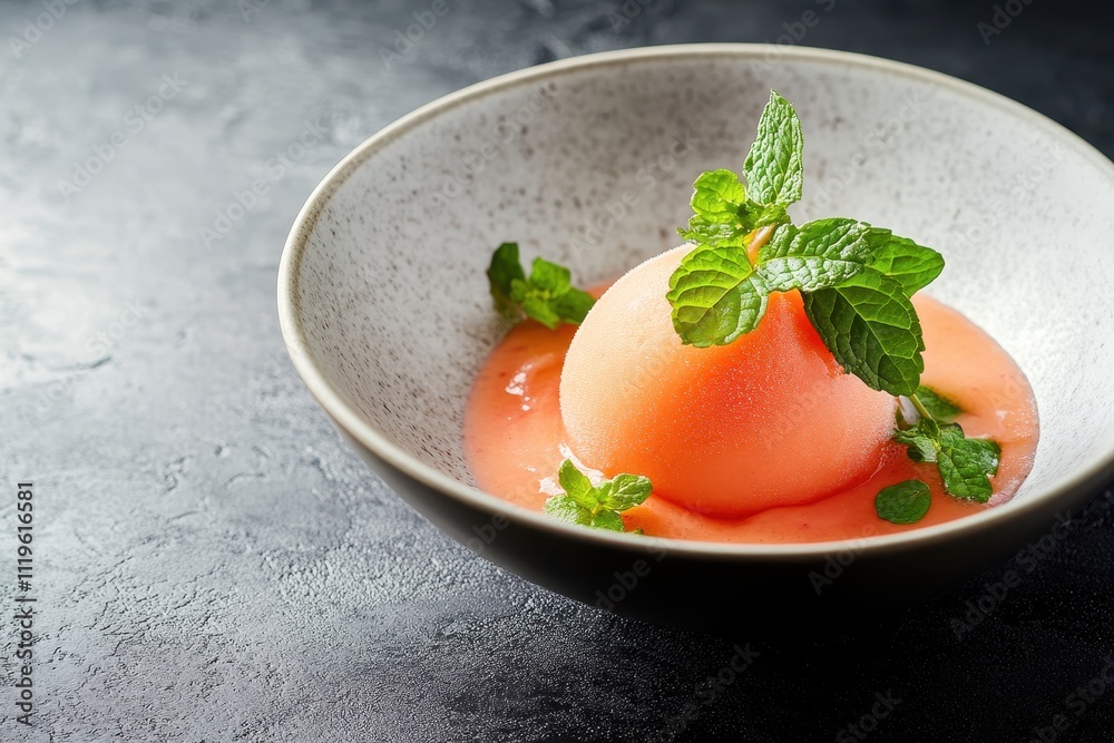 A delicate dessert featuring a sorbet-like sphere garnished with mint leaves in a bowl. A delicate dessert featuring a sorbet-like sphere garnished with mint leaves in a bowl.