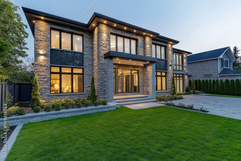 Luxurious modern suburban house stone and gray siding exterior large window Luxurious modern suburban house stone and gray siding exterior large window