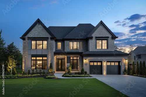 Luxurious modern suburban house stone and gray siding exterior large windows warm interior lighting