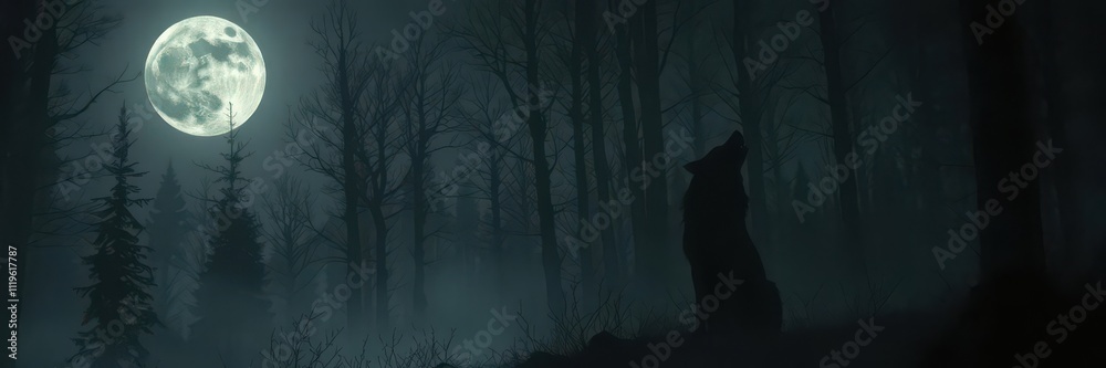 Fototapeta premium Dark and mystical forest background with a silhouette of a howling wolf under a full moon, moon, nature