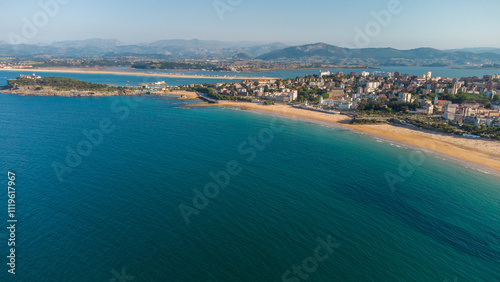 Panoramic aerial view of Santander city. View of El Sardinero Beach. Famous travel destination in North of Spain. Turquoise water colour. Aerial photography.