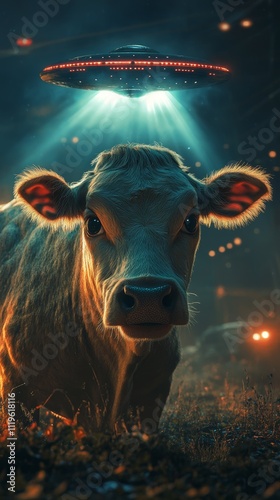 A cow is abducted by a UFO photo