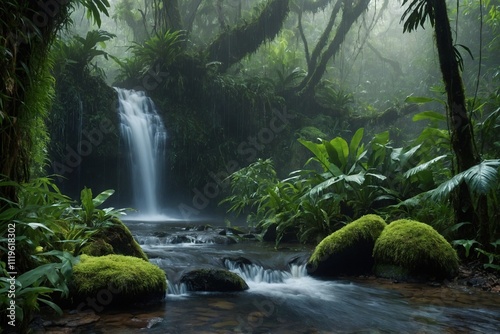 Tropical rainforest wet after rain, leaves and tree branches glistening with water droplets, soft mist envelops the scene