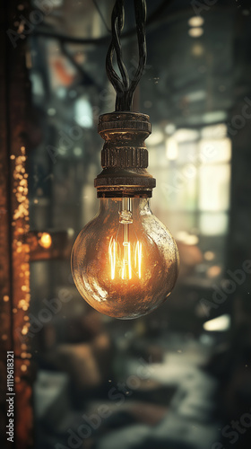 Phone wallpaper: vintage light bulb hanging from the ceiling. Interior of an industrial building, blurred background, warm tones, vintage style