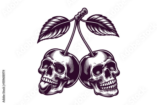 Two skulls as cherries with stems and leaves in bold tattoo style. Black vintage engraving illustration line art, isolated, cut out, tattoo, print, embelm