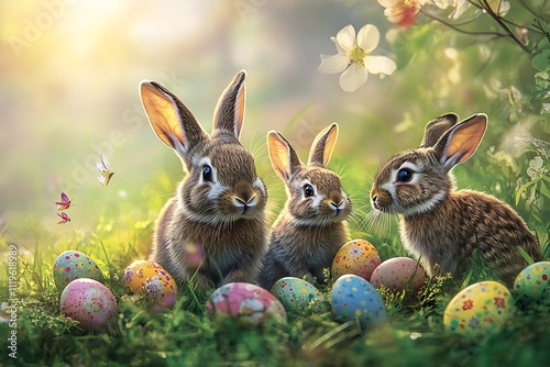 A Family of Easter Bunnies Hopping Through a Meadow photo