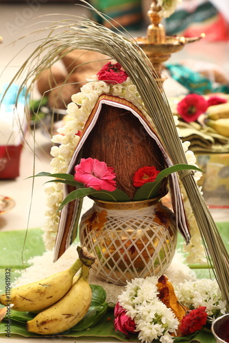 kumbum a decorative pot kept in hindu pooja as a sacred item photo