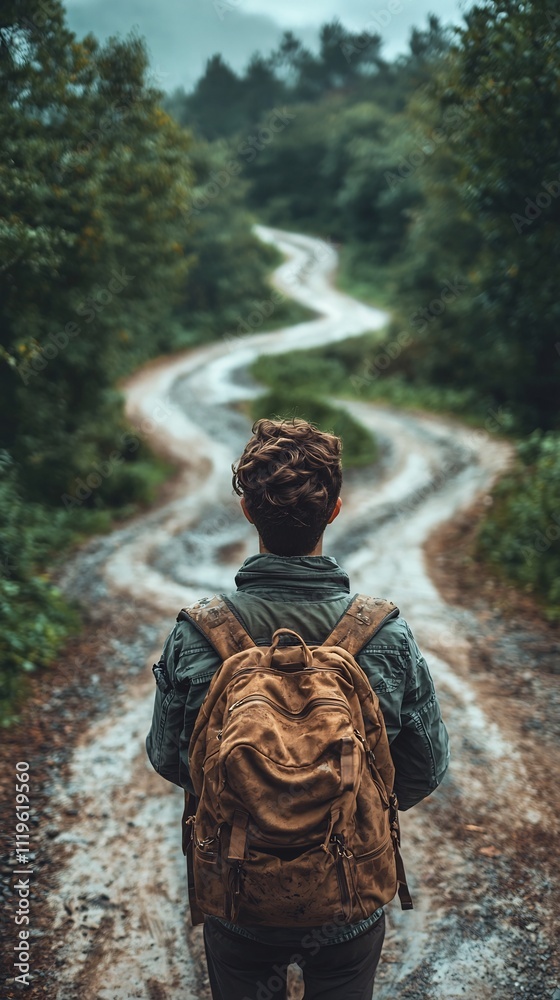 Student with Backpack Facing Diverging Paths Symbolizing Educational Opportunities Student with Backpack Facing Diverging Paths Symbolizing Educational Opportunities