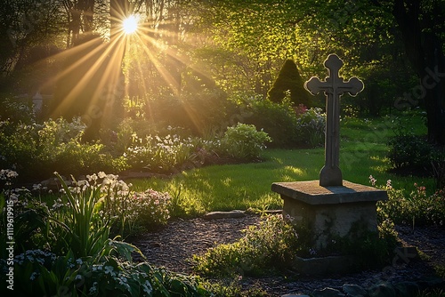 Serene Easter Morning Scene with a Cross and Sunlight photo