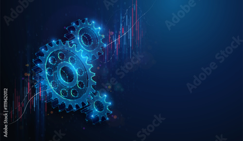 Abstract illustration of low poly gears over stock market graph. Geometric background depicting engineering development and manufacturing industry market growth financial concept by wireframe mesh