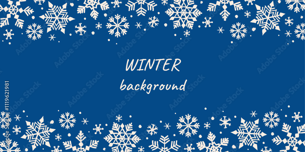 Elegant blue winter background with hand drawn snowflakes with copy space. Pencil texture and rough edges. For poster, banner, wallpaper, invitation, cover. Flat vector illustration Elegant blue winter background with hand drawn snowflakes with copy space. Pencil texture and rough edges. For poster, banner, wallpaper, invitation, cover. Flat vector illustration