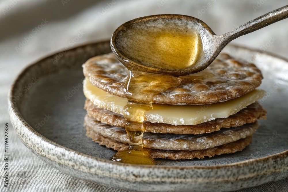 Fototapeta premium Transparent honey drips onto a cracker or pancake from a honey spoon. An environmentally friendly farm product. Dessert with honey. Cookies with caramel. Wallpaper with baked goods.