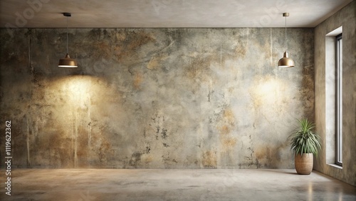 Empty Room with Textured Wall, Pendant Lights, and Potted Plant