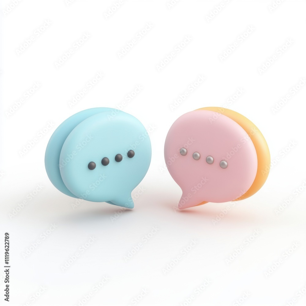 3D icon of two speech bubbles, pastel colors, white background, in a cute style 3D icon of two speech bubbles, pastel colors, white background, in a cute style