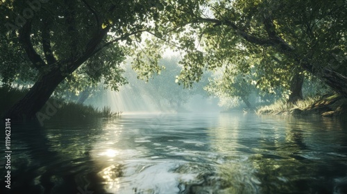 Sunlight filters through trees, illuminating a misty river.