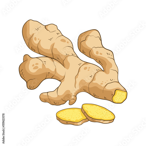 Fresh ginger root and sliced pieces, colorful vector illustration isolated on white