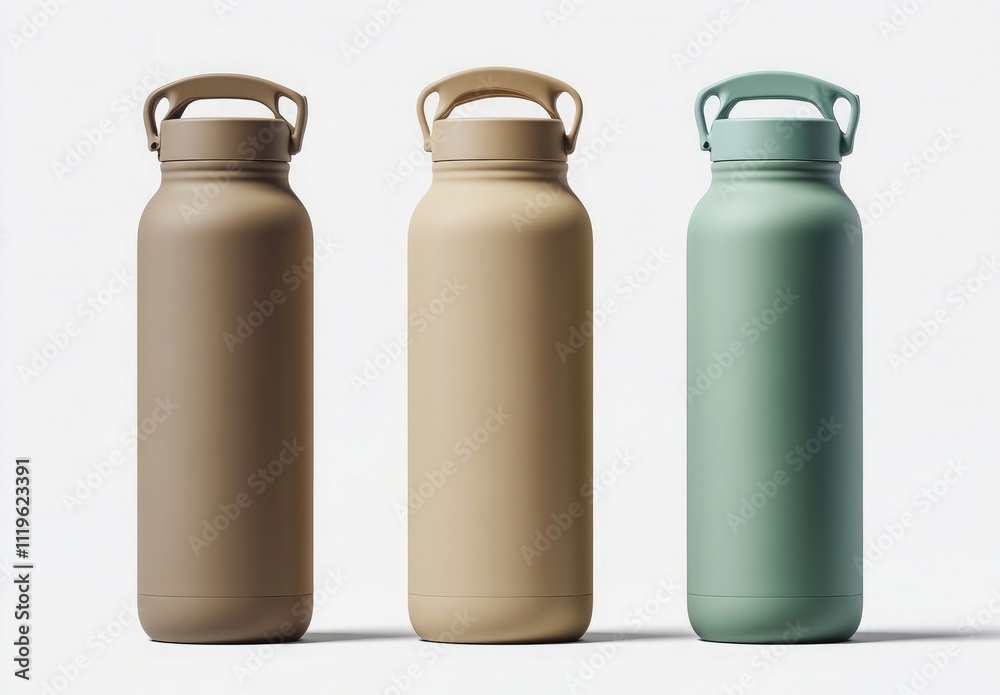 Three different colors of water bottles with a matte finish, isolated on a white background, with no shadow under the bottles