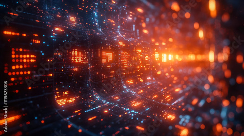 A vibrant wave of orange digital dots against a dark background, resembling energy fields or data visualization