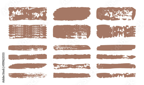 Vector straight-line brush strokes. Hand-drawn mocha mousse color smears and stripes. Set of Chinese or Japanese calligraphy brush strokes. Sketch rectangle text boxes—grunge thick paint line texture.