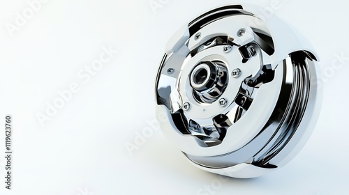 Chrome car wheel on white background, detailed and shiny