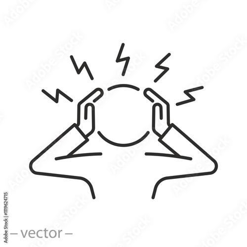 stress icon, human in shock, person clasping head with hands, worry, headache, thin line web symbol on white background - editable stroke vector illustration eps10 photo