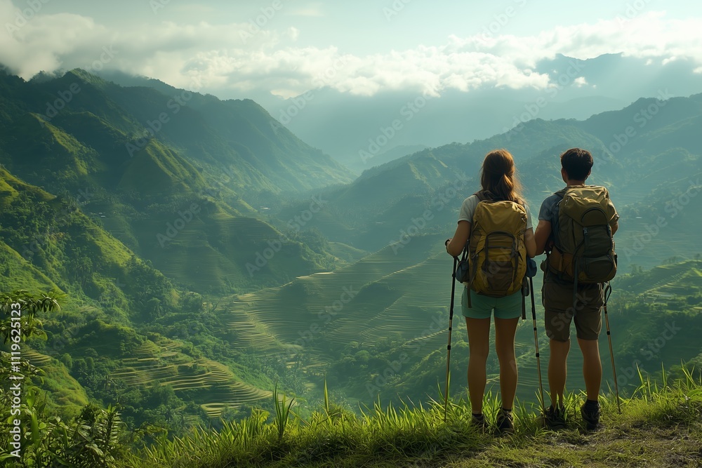Obraz premium Two hikers stand side by side, admiring the breathtaking view of the Banaue Rice Terraces. 