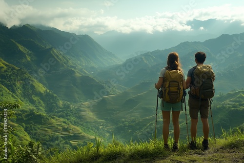 Two hikers stand side by side, admiring the breathtaking view of the Banaue Rice Terraces.  photo