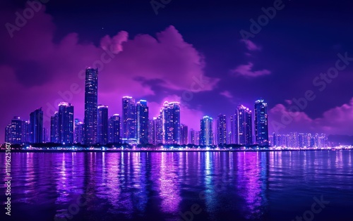 A city skyline at night, illuminated by vibrant purple lights on the buildings