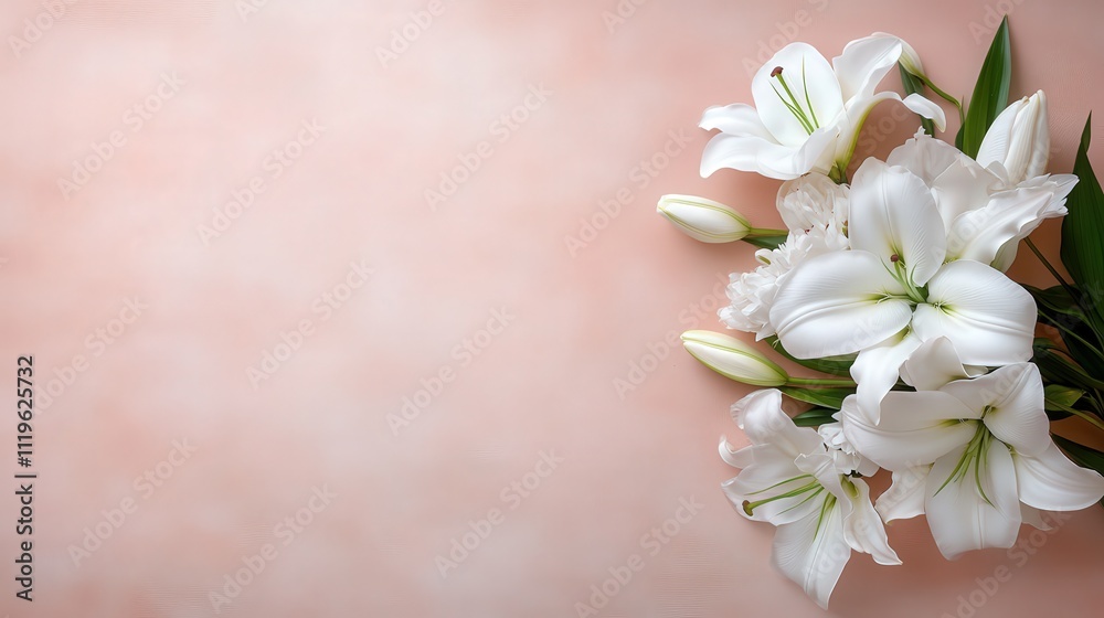 Elegant Arrangement of White Lilies and Blush Peonies on Soft Pink Background for Wedding, Decor, or Floral Design Inspiration Elegant Arrangement of White Lilies and Blush Peonies on Soft Pink Background for Wedding, Decor, or Floral Design Inspiration