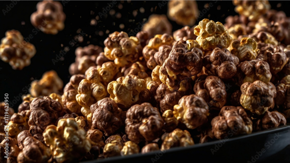 chocolate popcorn heap on a black background, healthy dessert snack for sugar cravings, bokeh effect chocolate popcorn heap on a black background, healthy dessert snack for sugar cravings, bokeh effect