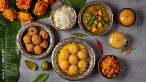 flat lay of yummy Indian food, banana leaves & flowers for aesthetics, festival celebrations theme