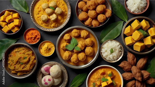 flat lay of yummy Indian food, banana leaves for aesthetic festival lunch setup