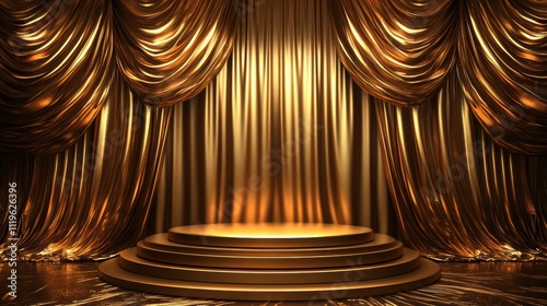 A golden podium with gold curtains on the sides, set against an empty background. 