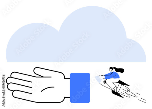 Large hand supporting a woman riding a rocket towards a cloud. Ideal for growth, support, ambition, innovation, progress, dreams, success. Line metaphor