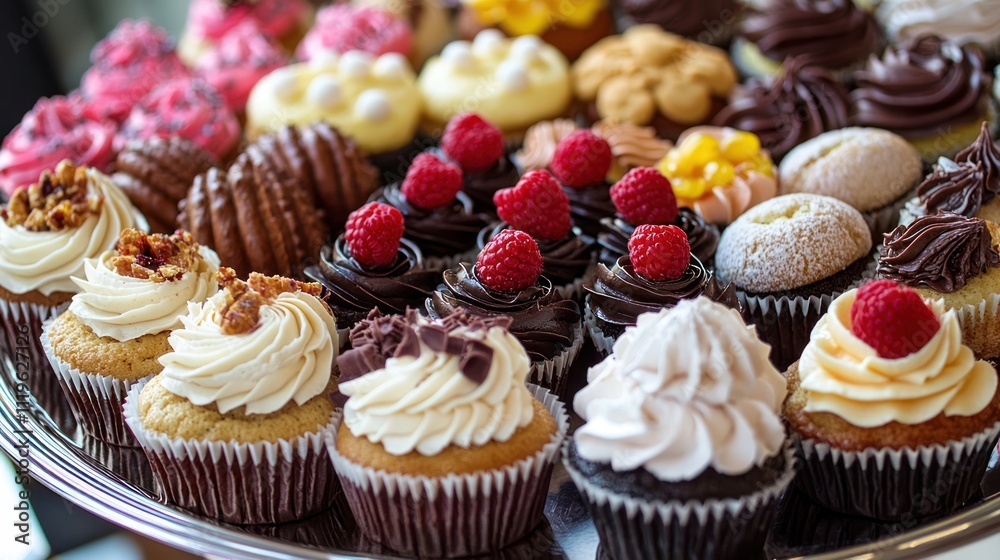 A tray of assorted mouthwatering desserts, such as cupcakes, pastries, and cookies, arranged enticingly for a sweet treat display A tray of assorted mouthwatering desserts, such as cupcakes, pastries, and cookies, arranged enticingly for a sweet treat display