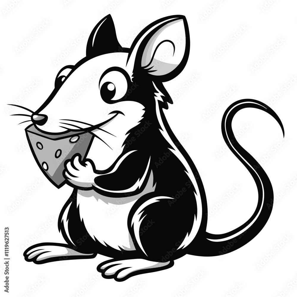 a black and white rat eating a chess slice, The image is simple and minimalistic, a black and white rat eating a chess slice, The image is simple and minimalistic,