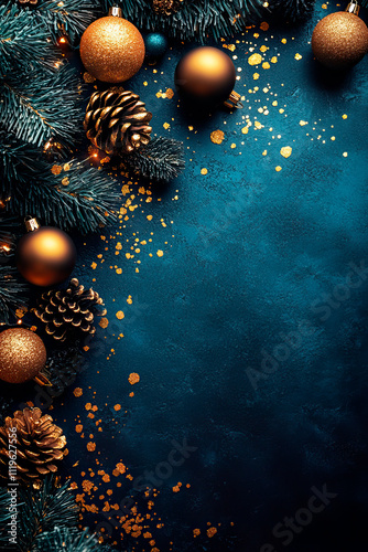 Holiday Christmas or New Year background of gold and black decorations, streamers.