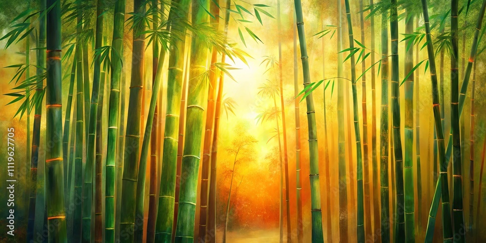 Fototapeta premium Golden Sunlight Filtering Through a Lush Bamboo Forest
