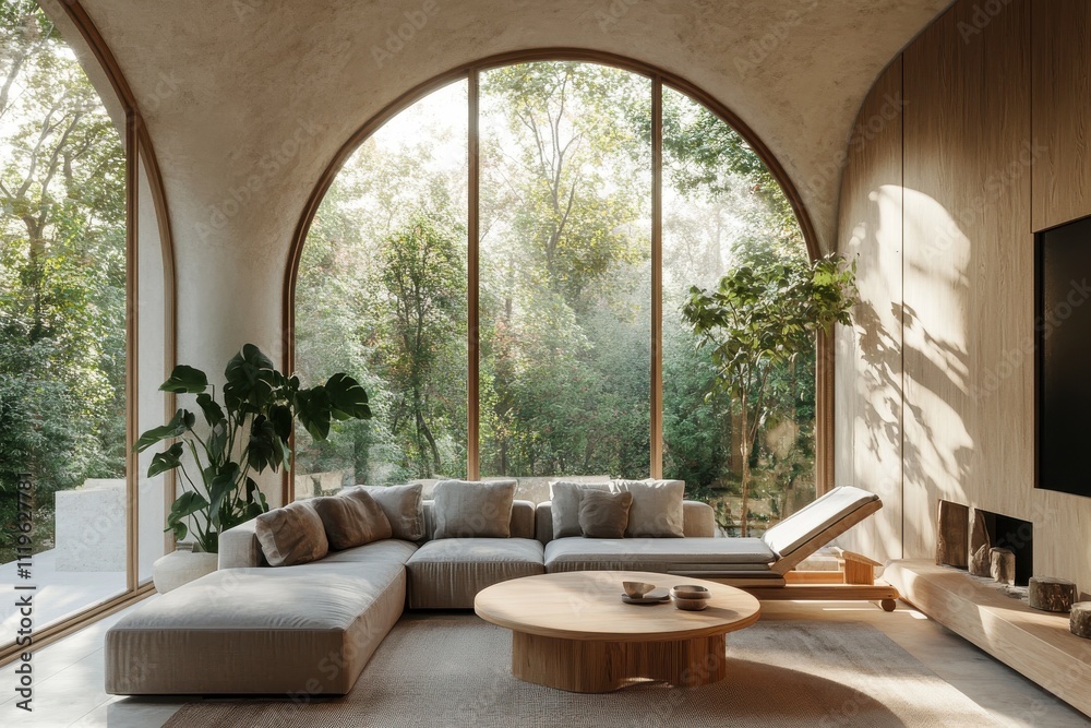 Fototapeta premium Minimalist Scandinavian living room large arched windows natural light grey modular sofa