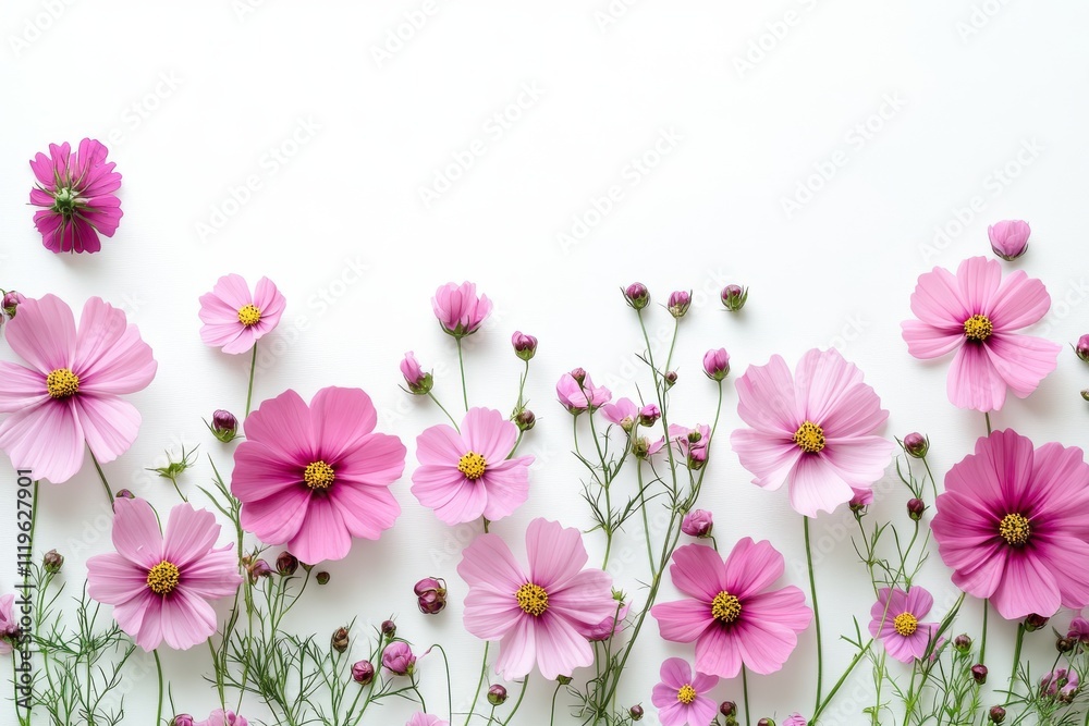 Wallpaper with delicate pink flowers on a white background. Frame of small spring flowers. Space for text. Wallpaper with delicate pink flowers on a white background. Frame of small spring flowers. Space for text.