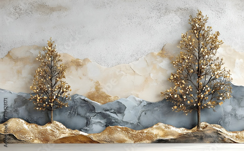 Modern flat artwork mural wallpaper for living room and bedroom. Christmas tree, marble golden mountain in painting background.