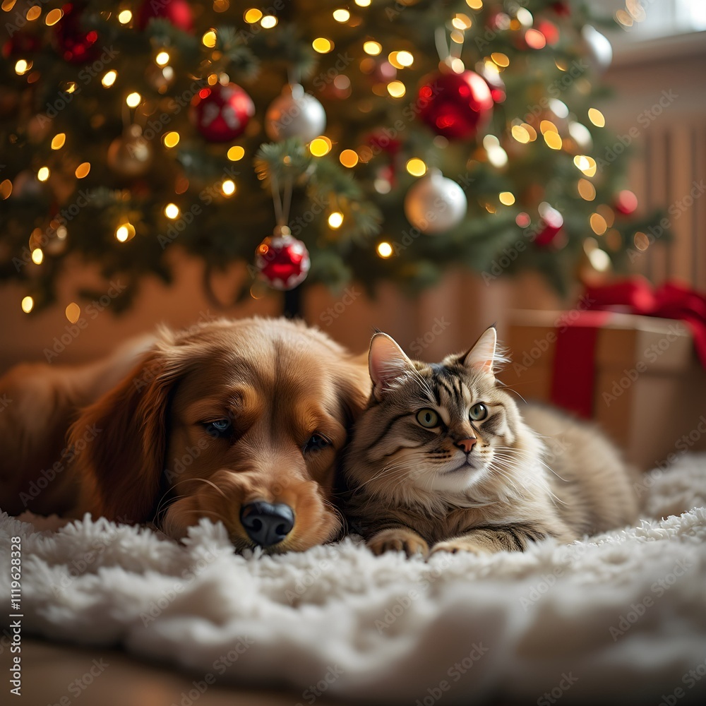 Cozy Dog and Cat Snuggling Under a Decorated Christmas Tree Cozy Dog and Cat Snuggling Under a Decorated Christmas Tree