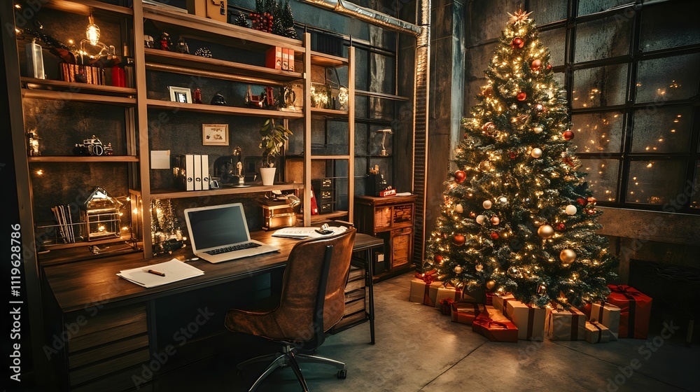 Cozy office decorated for the holidays with a Christmas tree and gifts Cozy office decorated for the holidays with a Christmas tree and gifts