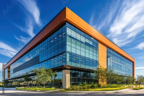 Wallpaper Mural Modern architectural building glass facade orange metal panels blue sky with wispy clouds Torontodigital.ca