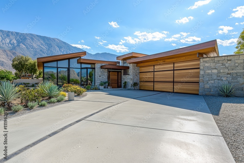 Naklejka premium Modern architectural home wooden panels glass walls angular roof stone facade