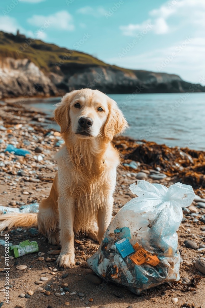 Golden Retriever Sits Thoughtfully Amongst Beach Pollution, Highlighting Environmental Issues. Golden Retriever Sits Thoughtfully Amongst Beach Pollution, Highlighting Environmental Issues.