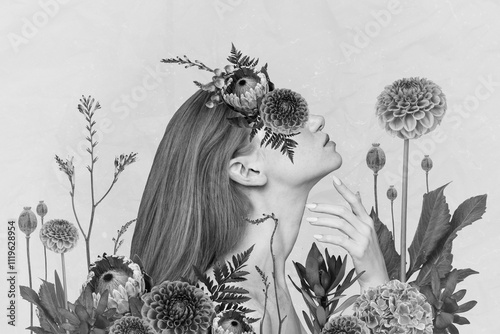 Exclusive magazine picture sketch collage image of adorable lady flowers cover face isolated painting background photo